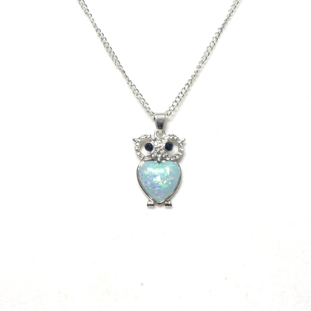Sterling Silver Blue Opal Heart Shaped Owl Necklace with Crystal Halo Eyes